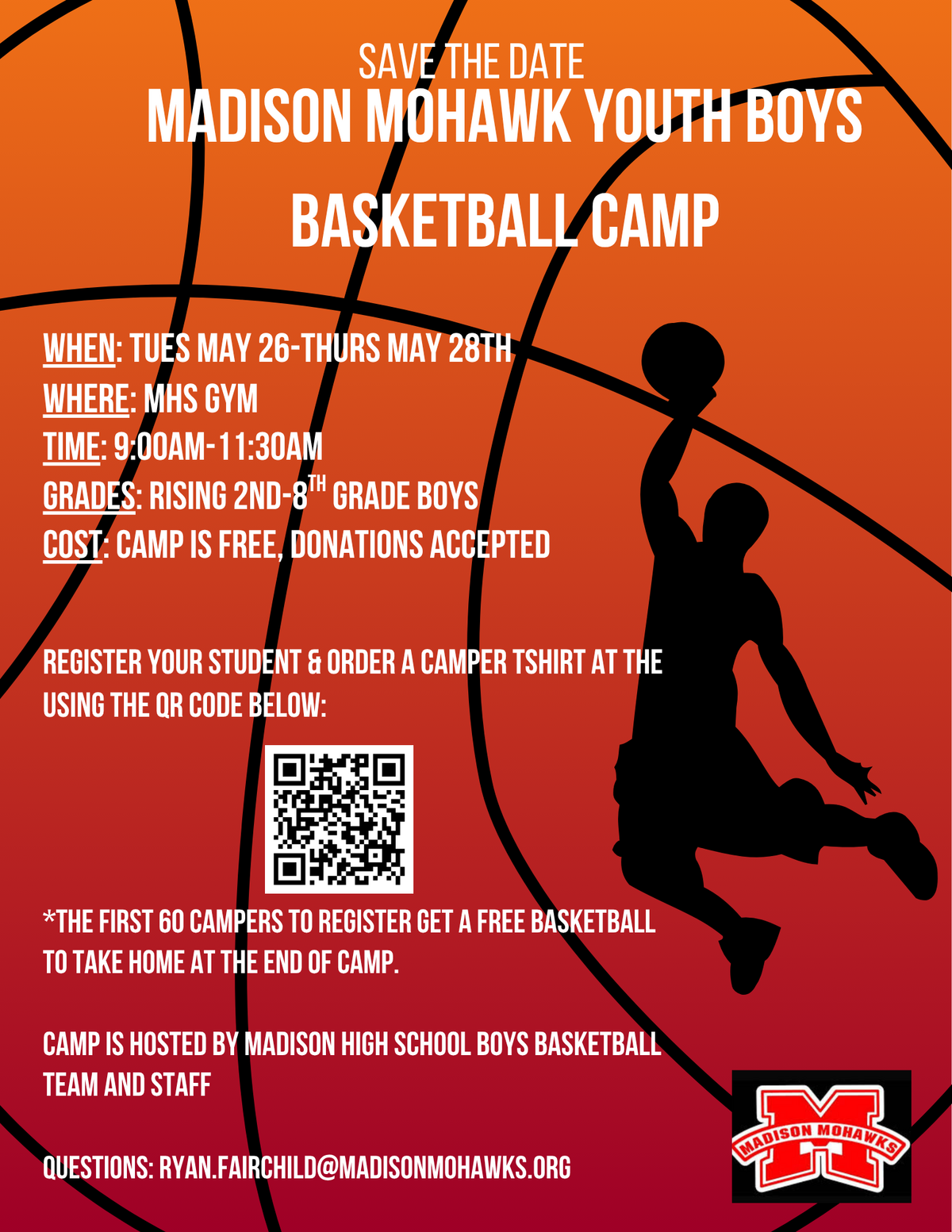 Madison Youth Boys Basketball Camp Flyer with orange basketball background and white writing